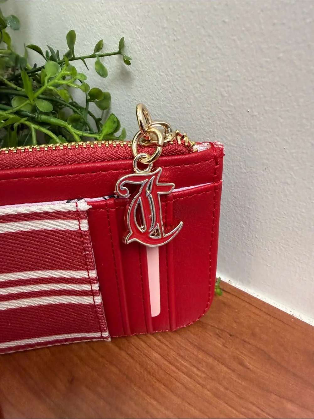 Juicy Couture Red and White Stripe Coin Pouch with Pink Strawberry Charm NWT